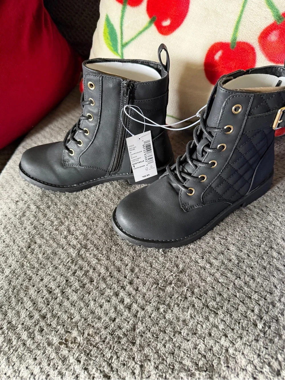 The Children's Place Black Quilted Combat Boots with Gold Buckle
